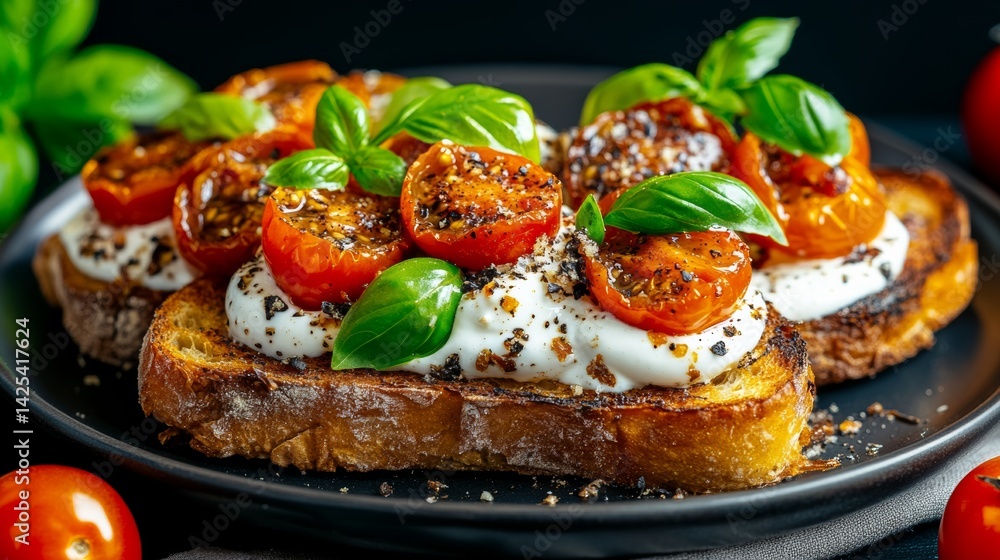 Poster plate of bread with tomatoes and basil on top. the bread is toasted and the tomatoes are sliced. the