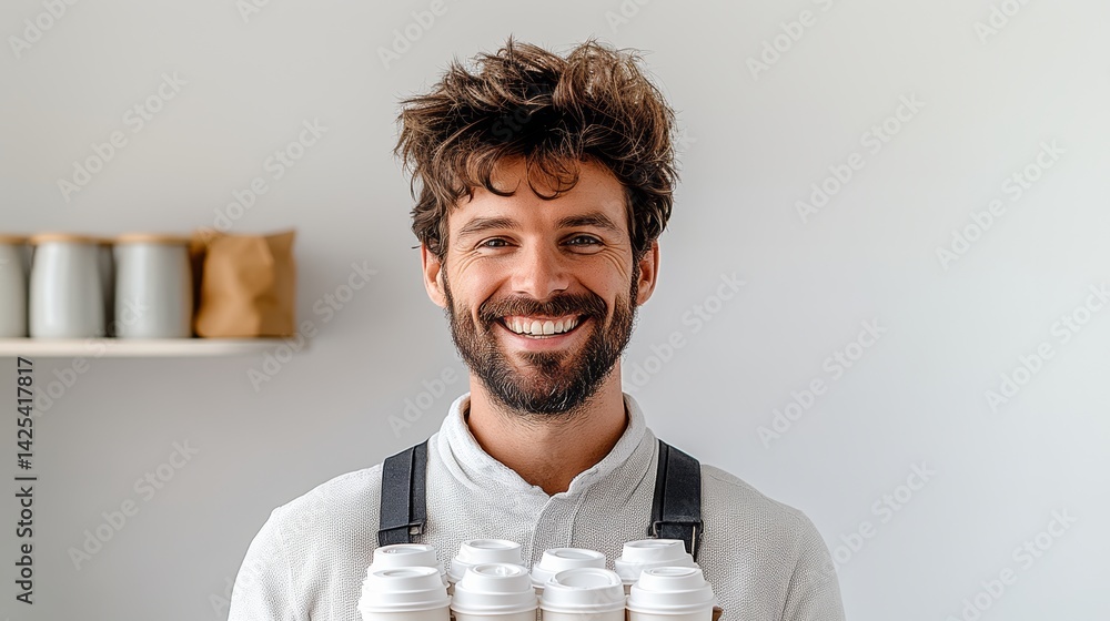 Poster man with a beard is smiling and holding a tray of coffee cups. the cups are white and have a lid. th