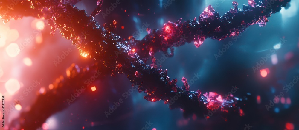 Poster illuminated abstract microscopic structures resembling organic formations in vivid color