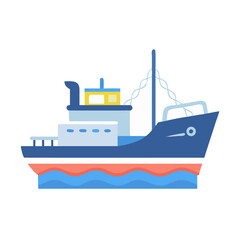 Obraz premium Cute Cartoon Fishing Boat on Black Background Illustration