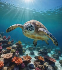 Obraz premium Green sea turtle gracefully swims over vibrant coral reef, azure ocean backdrop, wildlife photography, wildlife