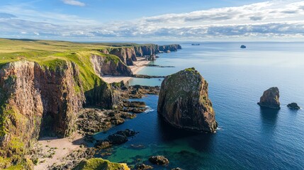 Fototapeta premium A high-altitude shot of a rugged coastline, featuring a mix of rocky outcrops, beaches, and the open sea.