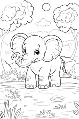 Smiling baby elephant coloring page. Outline of funny cartoon animal
