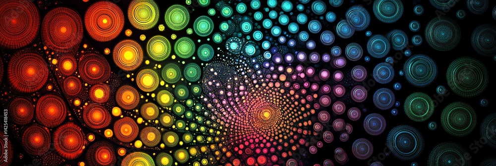 Poster colorful circle swirl pattern with rainbow gradient on black background