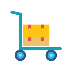 Blue hand truck delivering yellow cardboard boxes on black