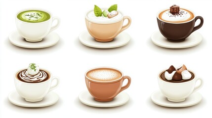 Six diverse hot beverages in cups and saucers; matcha, latte, cappuccino, mocha, hot chocolate variations.