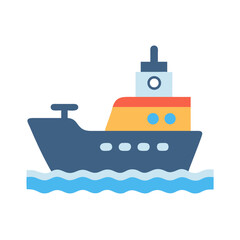 Modern Cartoon Ship Icon on Water, Black Background
