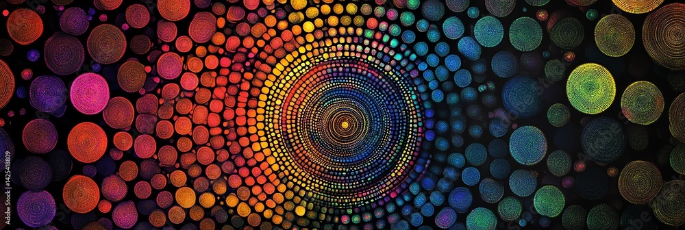 Poster colorful circles forming a swirl pattern with a dark background