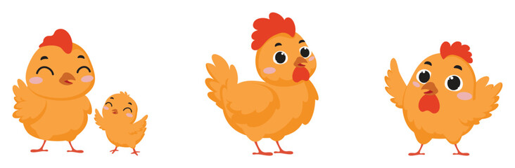 Set of cute chicken cartoon characters