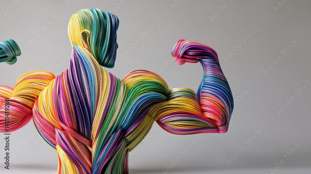 Poster abstract representation of strength and wellness through colorful ribbon muscle forms