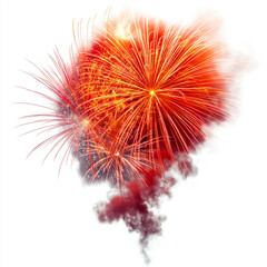 Bright red and orange firework explosion with smoke trails, isolated on white background