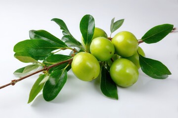 A fresh green jujube fruit branch with leaves isolated on a clean white background perfect for healthy food and produce themes