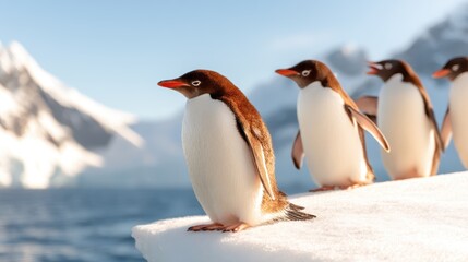 Obraz premium A group of Gentoo penguins standing on ice, with a stunning backdrop of snowy mountains and a glistening ocean.
