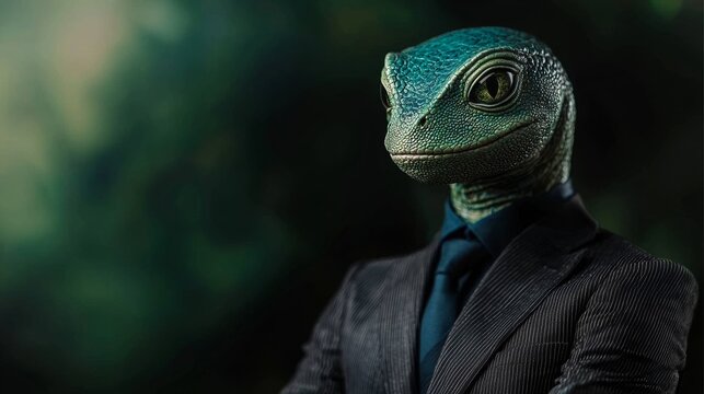 Man in a suit and tie is wearing a green frog mask. The image has a surreal and whimsical mood, as the man is dressed in a formal suit but has a frog face. The combination of the formal attire