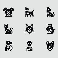 Black Solid Icon Set Depicting Various Cats Dogs And A Veterinarian Against A Gray Background