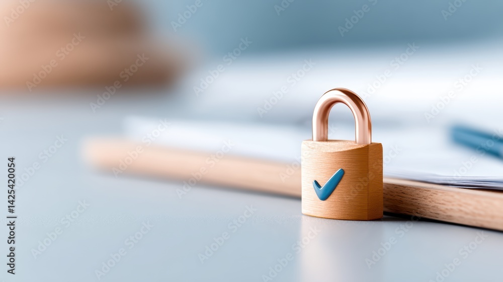 Poster a close-up of a wooden padlock with a blue checkmark, placed on a light-colored surface next to pape