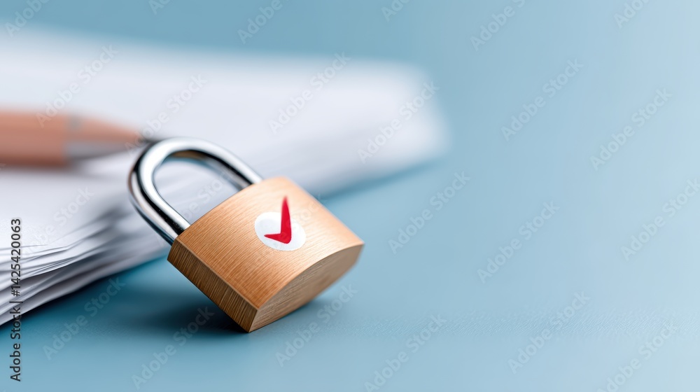 Poster a close-up of a padlock with a red checkmark, resting on a stack of papers, symbolizing security and