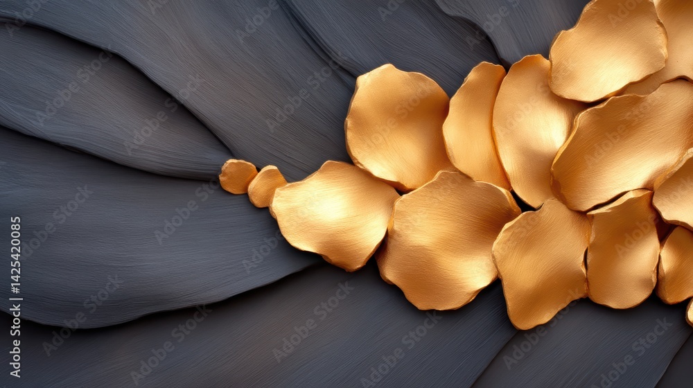 Poster a visually striking composition of textured gray layers adorned with shimmering golden petals, creat