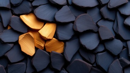 Obraz premium An artistic arrangement of textured black stones interspersed with vibrant golden pieces, creating a visually striking contrast.