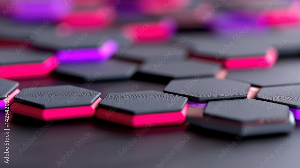 Poster a close-up view of hexagonal tiles in black and pink, creating a modern, geometric pattern with vibr