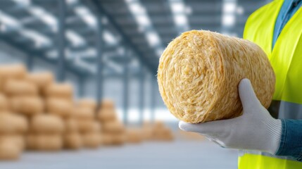 Fototapeta premium A worker in a safety vest holds a roll of insulation material in a warehouse setting with bales stacked in the background.