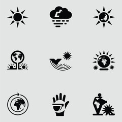 Set Of Black Environmental Icons Depicting Weather Globe Sunlight And Climate Change Awareness