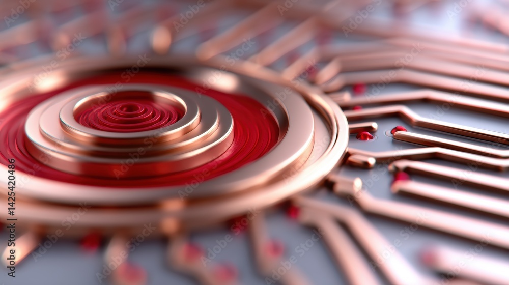 Poster a close-up view of a metallic circuit design featuring concentric rings and intricate lines, showcas