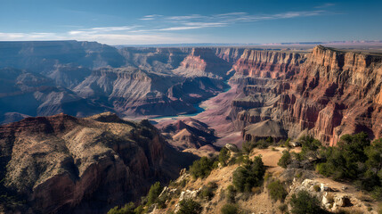 Majestic Grand Canyon landscape with River winding through the valley, symbolizing natural beauty and geological wonder. Ideal for travel brochures, nature documentaries, and environmental aw