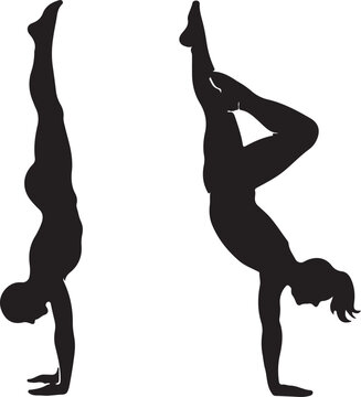 woman performing yoga poses including handstands and balances, fitness and wellness vector illustrations