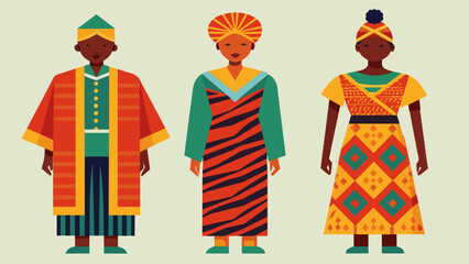 Obraz premium A collection of traditional African garments including brightly patterned tunics and head wraps sourced from local thrift stores.. Vector illustration