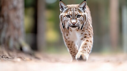 Fototapeta premium A majestic Eurasian lynx walking through a dense forest, sunlight filtering through trees, close-up shot with focused eyes, and wildlife photography.