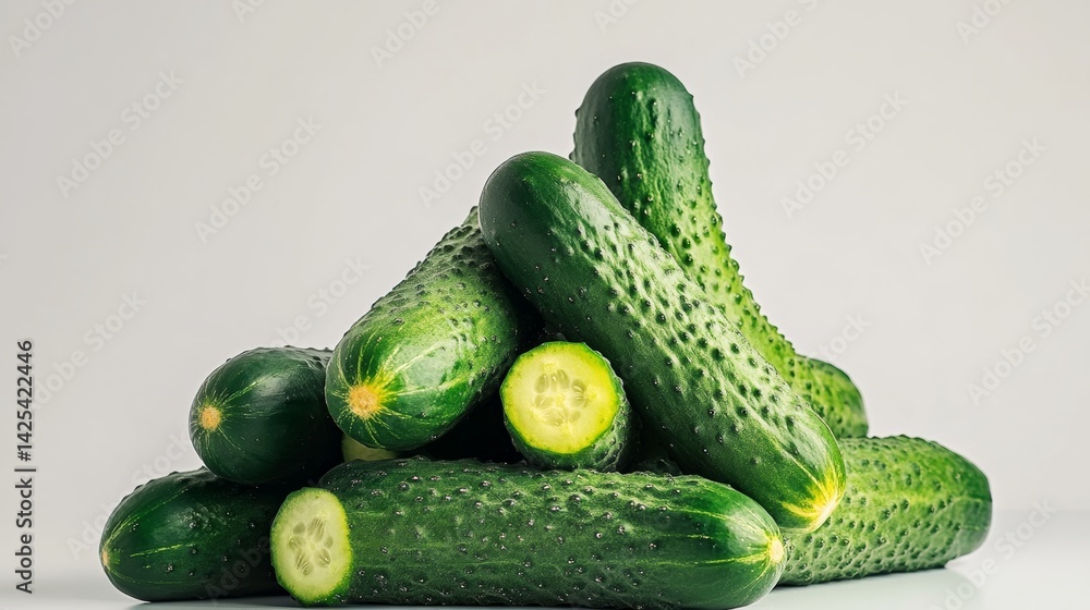 Poster pile of cucumbers with one cut in half. the cucumbers are green and fresh. the pile is arranged in a