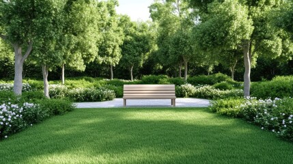 Peaceful park scene with wooden bench. Lush greenery surrounds a paved path and grassy area