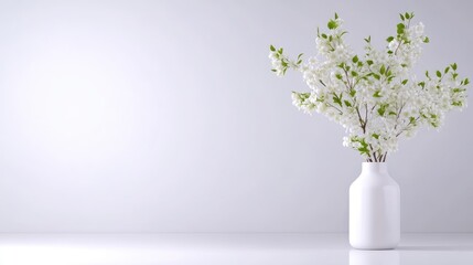 A white ceramic vase with delicate white flowers on a minimalist table, soft focus background, and elegant and serene home decor concept.