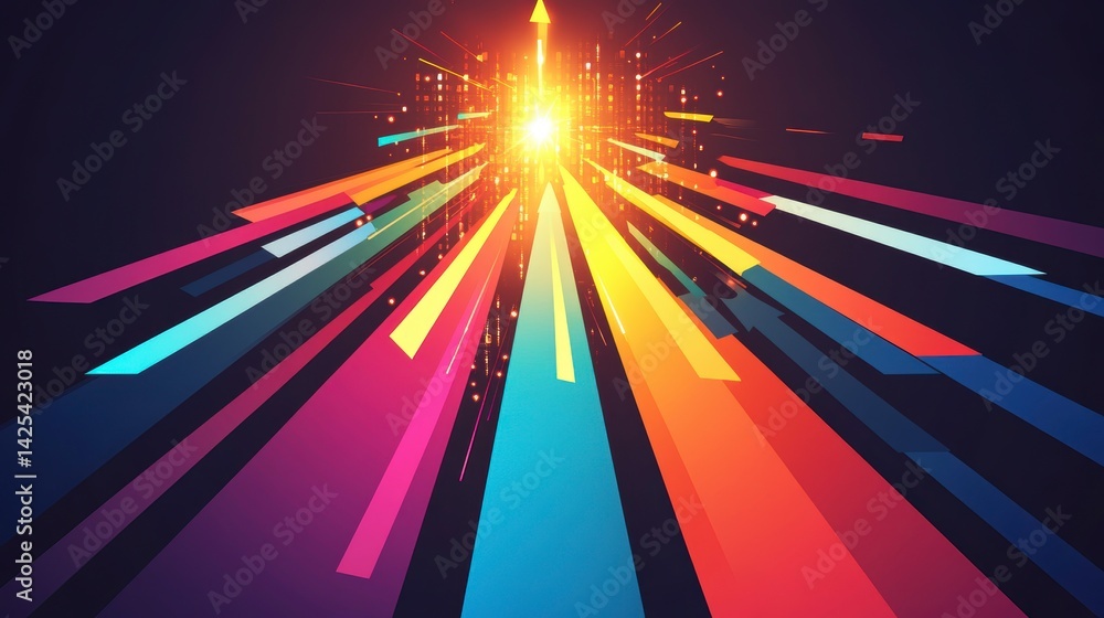 Poster abstract colorful light streaks converging towards a bright center, creating a dynamic and energetic