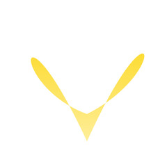 Abstract yellow logo with two elongated shapes resembling petals, forming a V in the center against a white background.