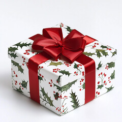 Christmas gift box with red bow and ribbon, isolated on white background