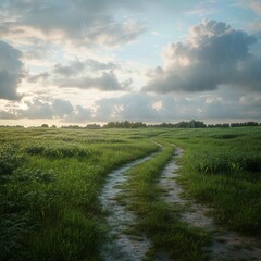 Obraz premium Country road through grassy field at sunrise