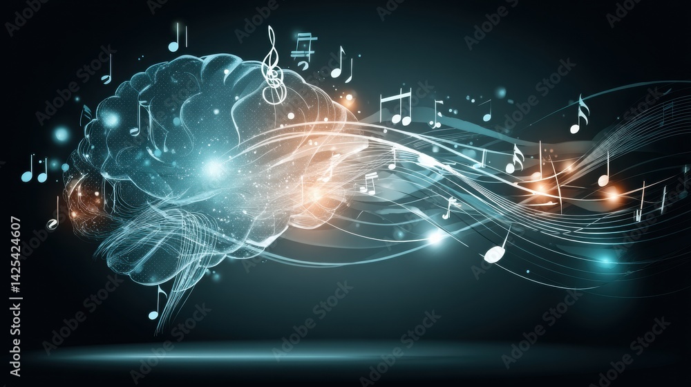 Poster happy brain icon radiating light with music notes flowing in a vibrant display symbolizing creativit