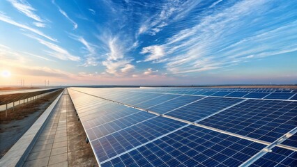 Solar panel array, expansive, blue sky, wispy clouds, renewable energy, industrial scale, clean technology, geometric pattern, photovoltaic cells, sustainable power, futuristic landscape