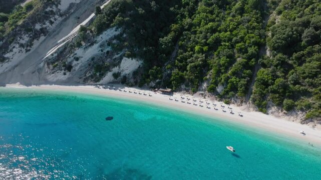 Slow panning drone shot of Gidaki beach at Ithaca island, Greece