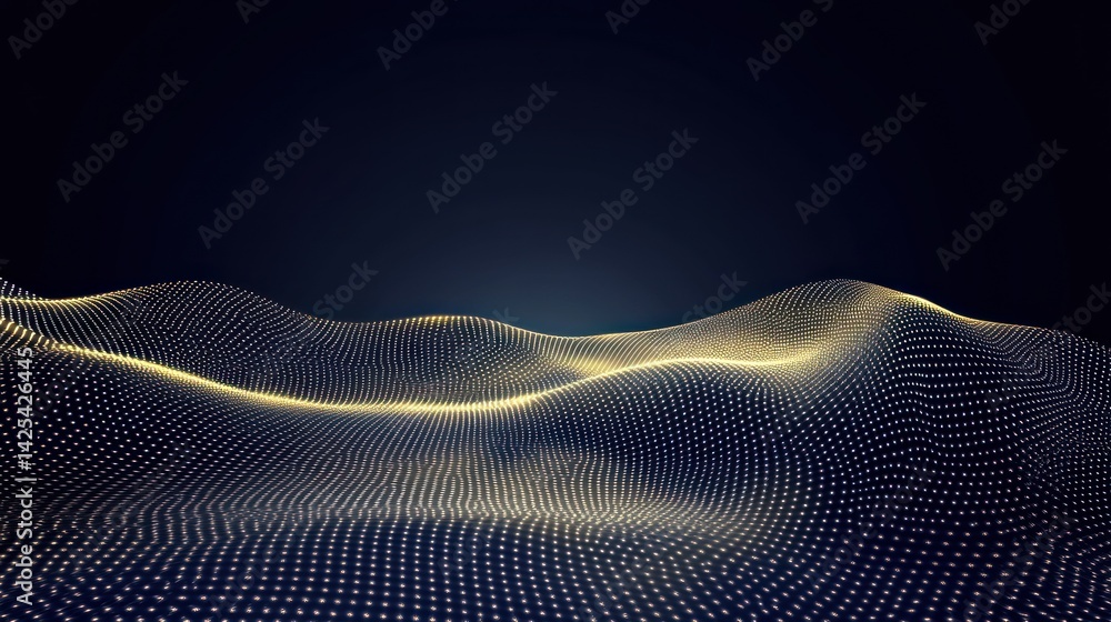 Poster abstract golden digital landscape: a mesmerizing visualization of data points forming undulating hil