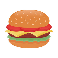 Hamburger vector illustration on white background. The burger has cheese, meat, tomato and lettuce.
