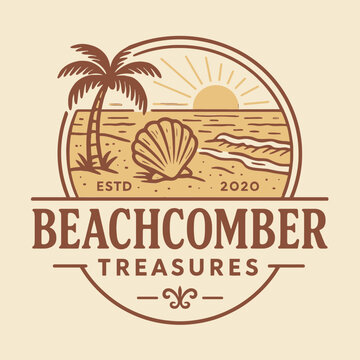 Coastal Beach Scene with Palm Tree and Seashell Line Art Design