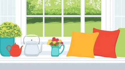 Colorful windowsill display with plants, flowers, and pillows.