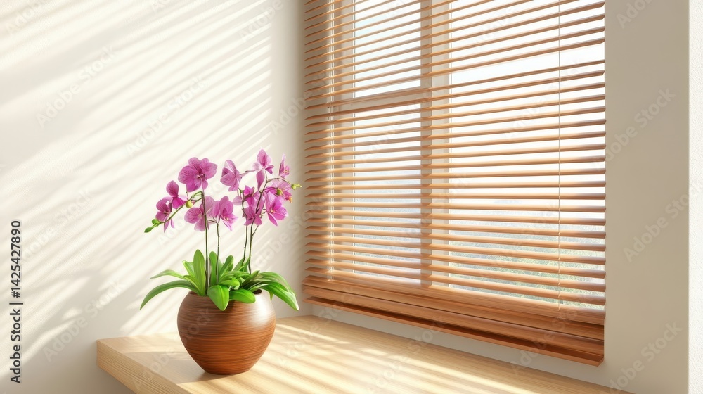 Poster sunlight streams onto a windowsill displaying a potted orchid.