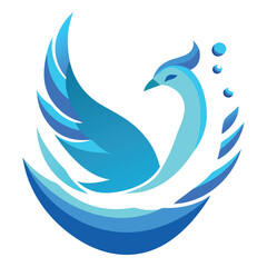 Blue Phoenix-Like Bird Emerging from Water Illustration on White Background