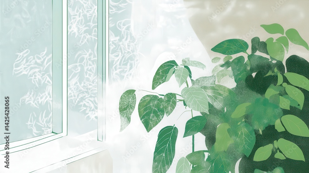 Wall mural interior window scene with abstract patterns and foliage.