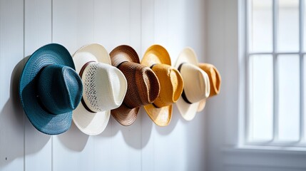 Row of hats hanging on a wall. The hats are of different colors and styles. The hats are arranged in a way that they are all facing the same direction