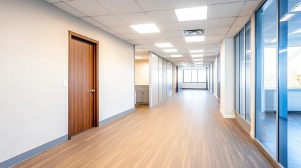 Fototapeta premium Modern office hallway featuring wooden door, glass partitions, and bright lighting
